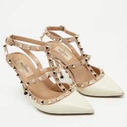 Valentino Beige/Cream Leather Rockstud Caged Ankle Strap Pumps Size 36