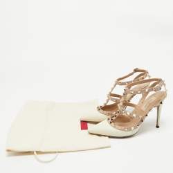 Valentino Beige/Cream Leather Rockstud Caged Ankle Strap Pumps Size 36