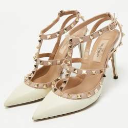 Valentino Beige/Cream Leather Rockstud Caged Ankle Strap Pumps Size 36