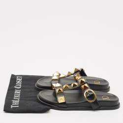 Valentino Black Leather Roman Stud Flat Slide Sandals Size 36