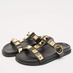 Valentino Black Leather Roman Stud Flat Slide Sandals Size 36