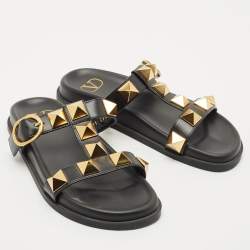 Valentino Black Leather Roman Stud Flat Slide Sandals Size 36