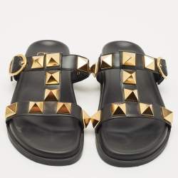 Valentino Black Leather Roman Stud Flat Slide Sandals Size 36