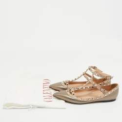 Pre Owned Valentino Metallic/Beige Leather Rockstud Caged Ankle Strap Ballet Flats Size 38.5