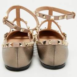 Pre Owned Valentino Metallic/Beige Leather Rockstud Caged Ankle Strap Ballet Flats Size 38.5