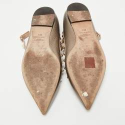 Pre Owned Valentino Metallic/Beige Leather Rockstud Caged Ankle Strap Ballet Flats Size 38.5