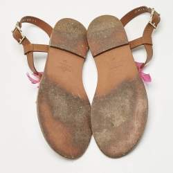 Valentino Brown/Pink Feather and Leather Flat Sandals Size 37