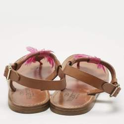 Valentino Brown/Pink Feather and Leather Flat Sandals Size 37