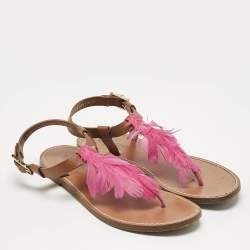 Valentino Brown/Pink Feather and Leather Flat Sandals Size 37