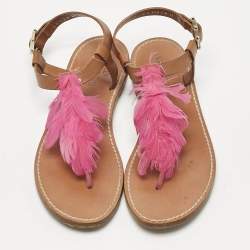 Valentino Brown/Pink Feather and Leather Flat Sandals Size 37