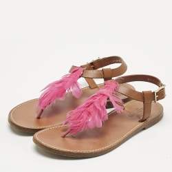 Valentino Brown/Pink Feather and Leather Flat Sandals Size 37
