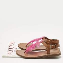 Valentino Brown/Pink Feather and Leather Flat Sandals Size 37