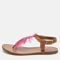 Valentino Brown/Pink Feather and Leather Flat Sandals Size 37