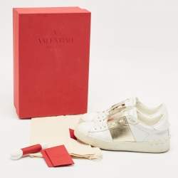 Pre Owned Valentino White/Gold Leather Open Low Top Sneakers Size 36.5