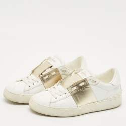Pre Owned Valentino White/Gold Leather Open Low Top Sneakers Size 36.5