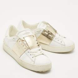 Pre Owned Valentino White/Gold Leather Open Low Top Sneakers Size 36.5