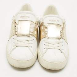 Pre Owned Valentino White/Gold Leather Open Low Top Sneakers Size 36.5