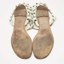 Valentino Cream Leather Rockstud Ankle Wrap Flat Sandals Size 38