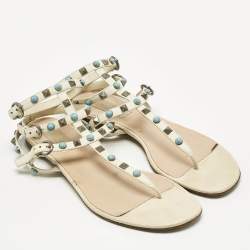 Valentino Cream Leather Rockstud Ankle Wrap Flat Sandals Size 38