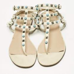 Valentino Cream Leather Rockstud Ankle Wrap Flat Sandals Size 38