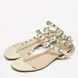 Valentino Cream Leather Rockstud Ankle Wrap Flat Sandals Size 38