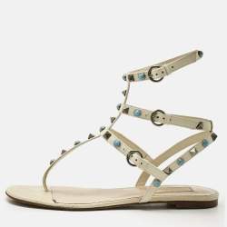 Valentino Cream Leather Rockstud Ankle Wrap Flat Sandals Size 38