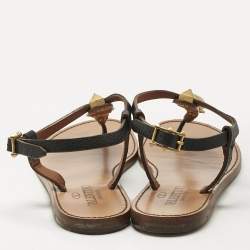 Pre Owned Valentino Black Leather Embellished Thong Flat Sandals Size 37.5