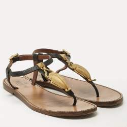 Pre Owned Valentino Black Leather Embellished Thong Flat Sandals Size 37.5