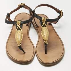 Pre Owned Valentino Black Leather Embellished Thong Flat Sandals Size 37.5