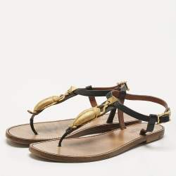 Pre Owned Valentino Black Leather Embellished Thong Flat Sandals Size 37.5