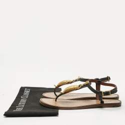 Pre Owned Valentino Black Leather Embellished Thong Flat Sandals Size 37.5