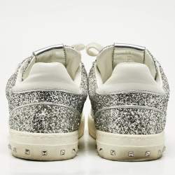 Valentino Silver Glitter and Leather Fly Crew Low Top Sneakers Size 41