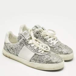 Valentino Silver Glitter and Leather Fly Crew Low Top Sneakers Size 41