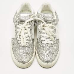Valentino Silver Glitter and Leather Fly Crew Low Top Sneakers Size 41