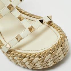 Valentino Cream Leather Rockstud Wedge Sandals Size 38