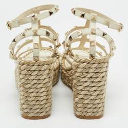 Valentino Cream Leather Rockstud Wedge Sandals Size 38