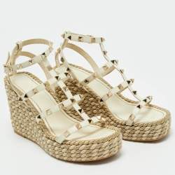 Valentino Cream Leather Rockstud Wedge Sandals Size 38