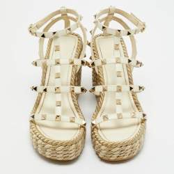 Valentino Cream Leather Rockstud Wedge Sandals Size 38