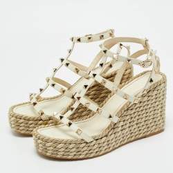 Valentino Cream Leather Rockstud Wedge Sandals Size 38