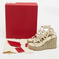 Valentino Cream Leather Rockstud Wedge Sandals Size 38