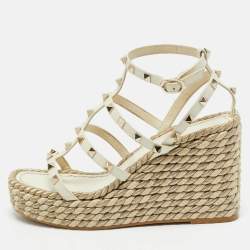 Valentino Cream Leather Rockstud Wedge Sandals Size 38