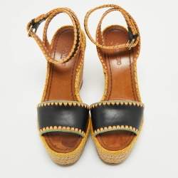 Pre Owned Valentino Navy Blue Leather Esapadrille Wedge Sandals Size 36