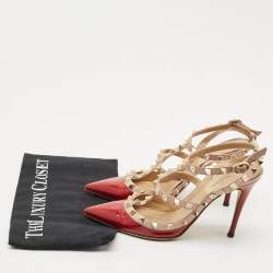 Pre Owned Valentino Red/Beige Patent Leather Rockstud Ankle Strap Pumps Size 36.5