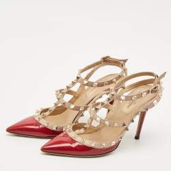 Pre Owned Valentino Red/Beige Patent Leather Rockstud Ankle Strap Pumps Size 36.5