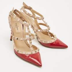 Pre Owned Valentino Red/Beige Patent Leather Rockstud Ankle Strap Pumps Size 36.5