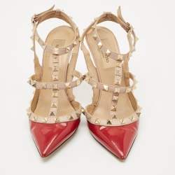 Pre Owned Valentino Red/Beige Patent Leather Rockstud Ankle Strap Pumps Size 36.5