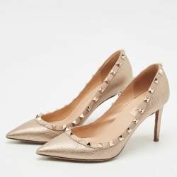 Pre Owned Valentino Metallic Gold Leather Rockstud Pointed Toe Pumps Size 38