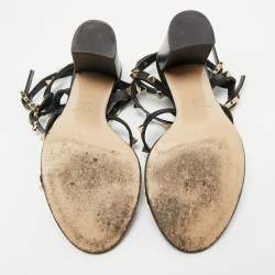 Pre Owned Valentino Black Leather Rockstud Block Heel Strappy Sandals Size 37.5