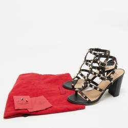 Pre Owned Valentino Black Leather Rockstud Block Heel Strappy Sandals Size 37.5