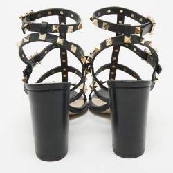 Pre Owned Valentino Black Leather Rockstud Block Heel Strappy Sandals Size 37.5